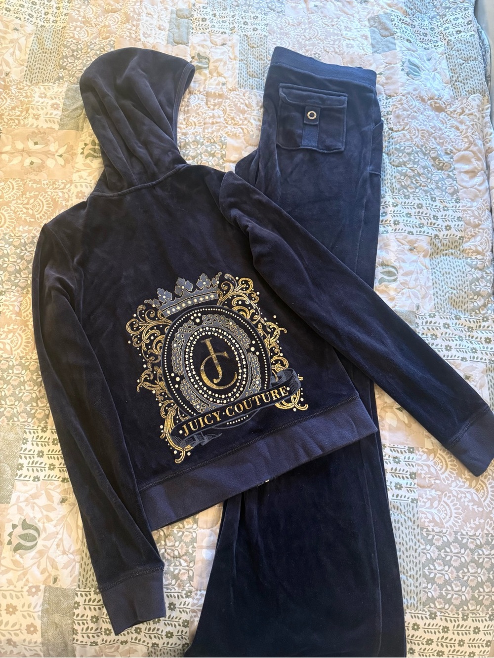 Juicy Couture Navy Velour Hoodie & Track Pants Set (Size: S)